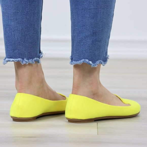 Neon Yellow Faux Suede Rounded Toe Slip On Flat Shoes - Picture 6 of 11
